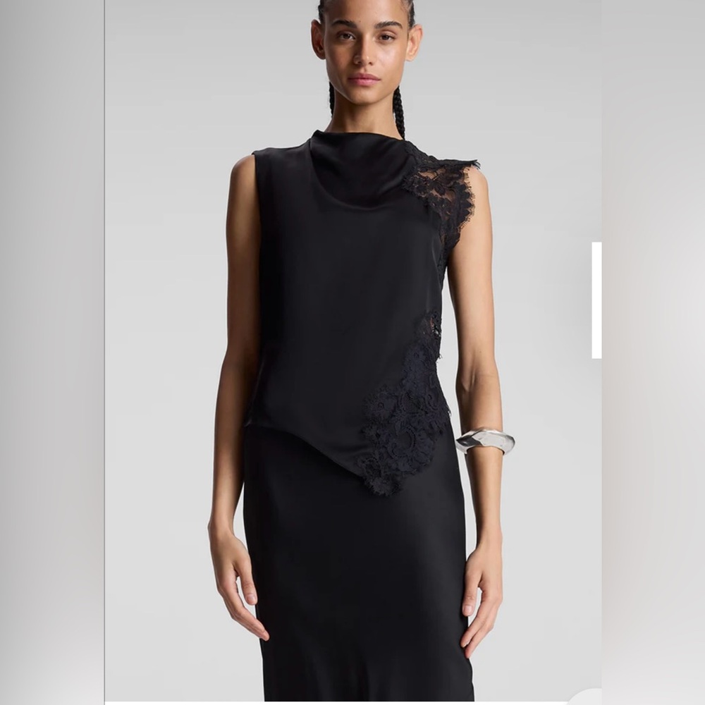 A.L.C. Black Sleeveless Lace-Trim Satin Top